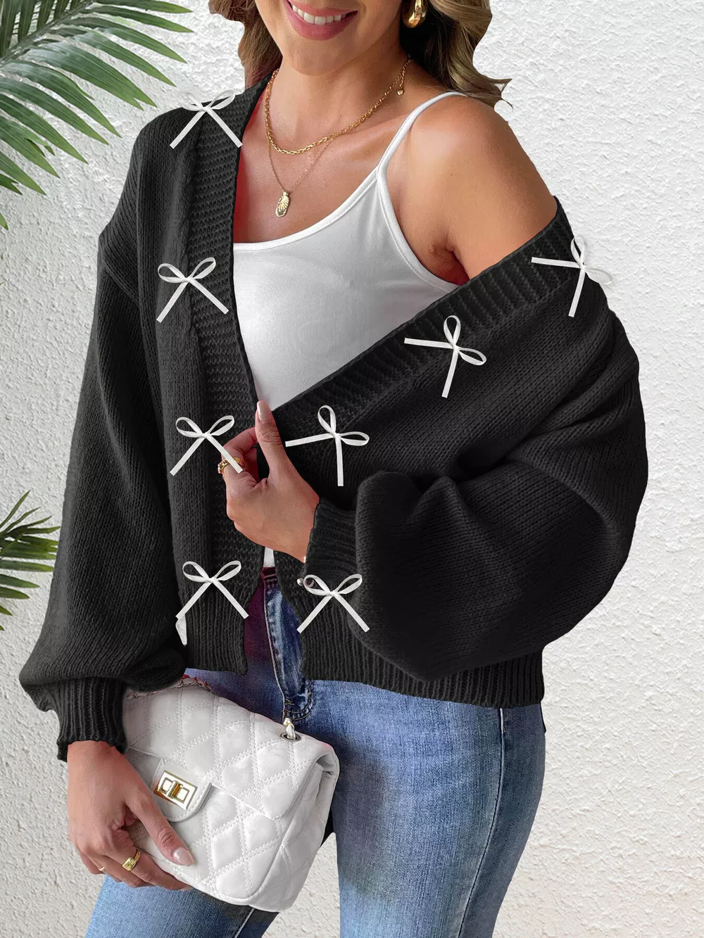 Bow-Tie Open Front Knit Cardigan, image 8