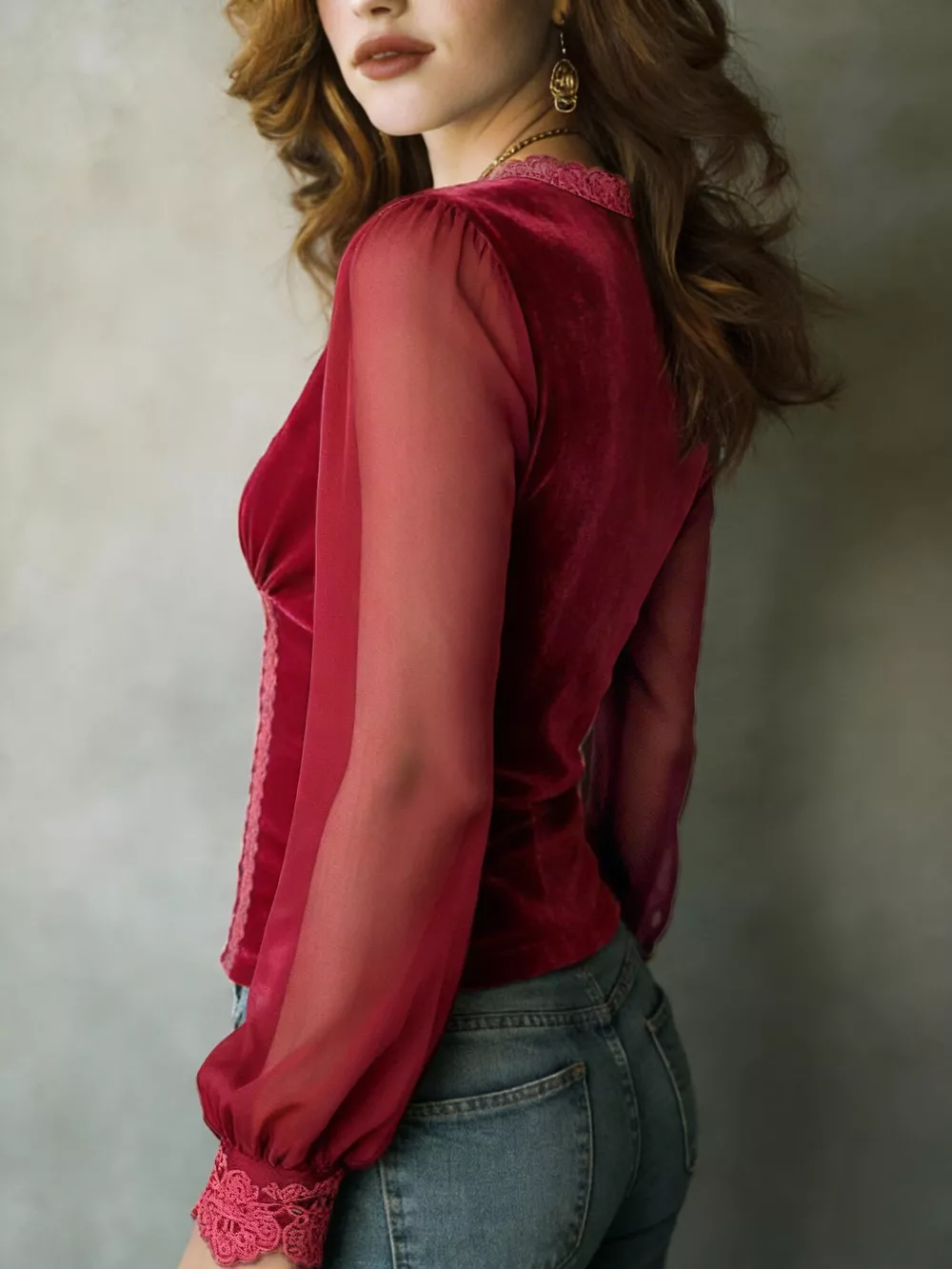 Lace Trim Sheer Long Sleeve Blouse, image 8