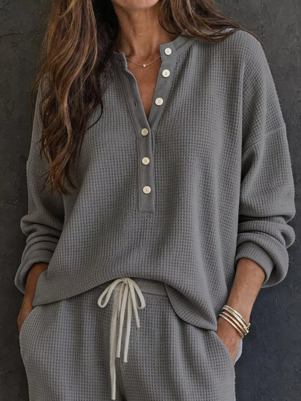Waffle Knit Button Detail Top and Pants Set, image 16