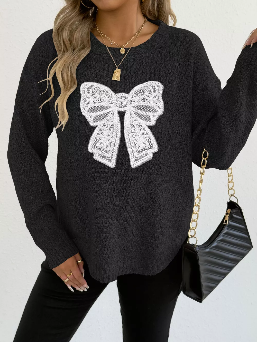 Lace Bow Embroidered Round Neck Sweater, image 6
