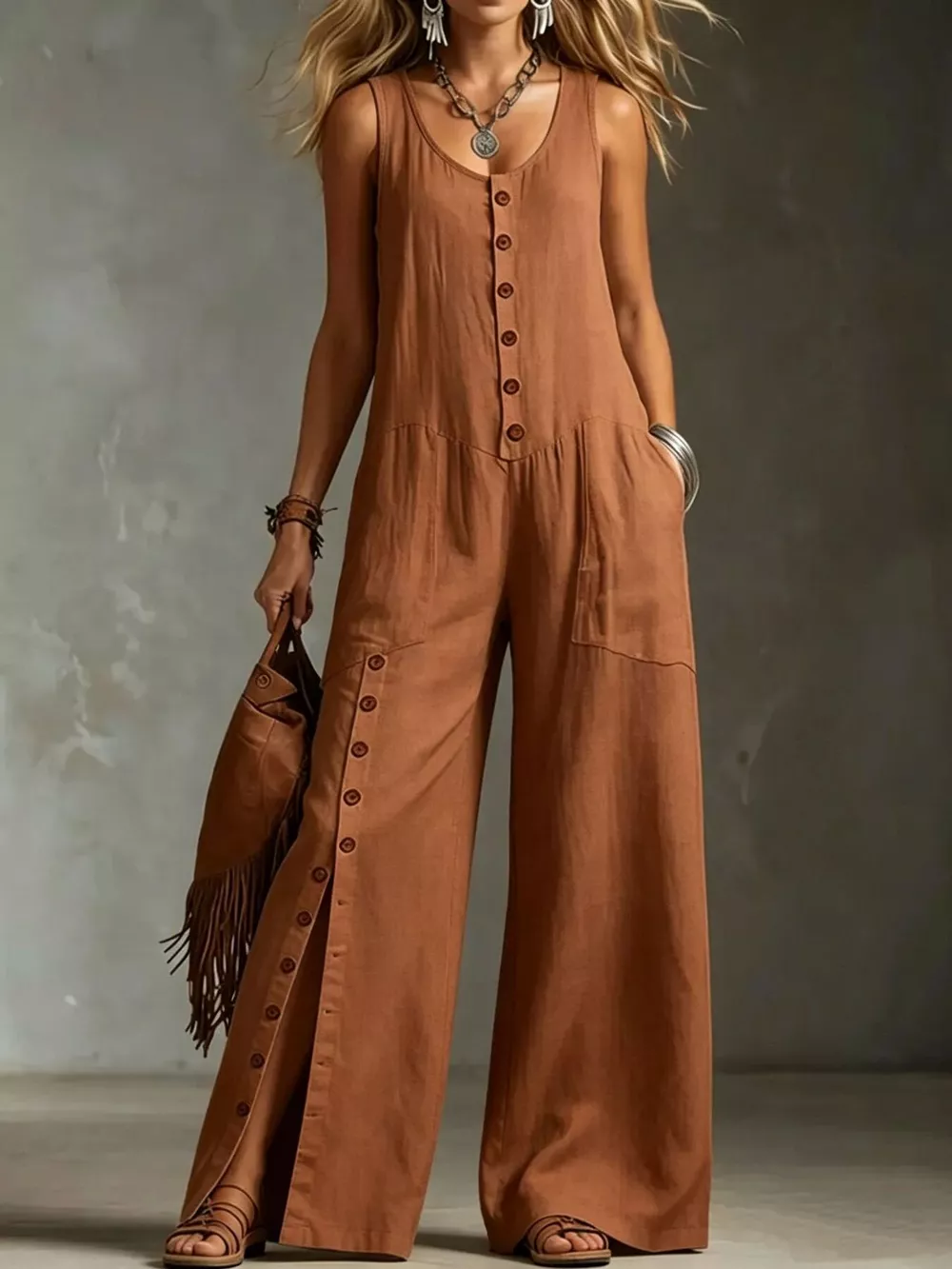 Full Size Sleeveless Button-Down Wide-Leg Jumpsuit Plus Size, image 3