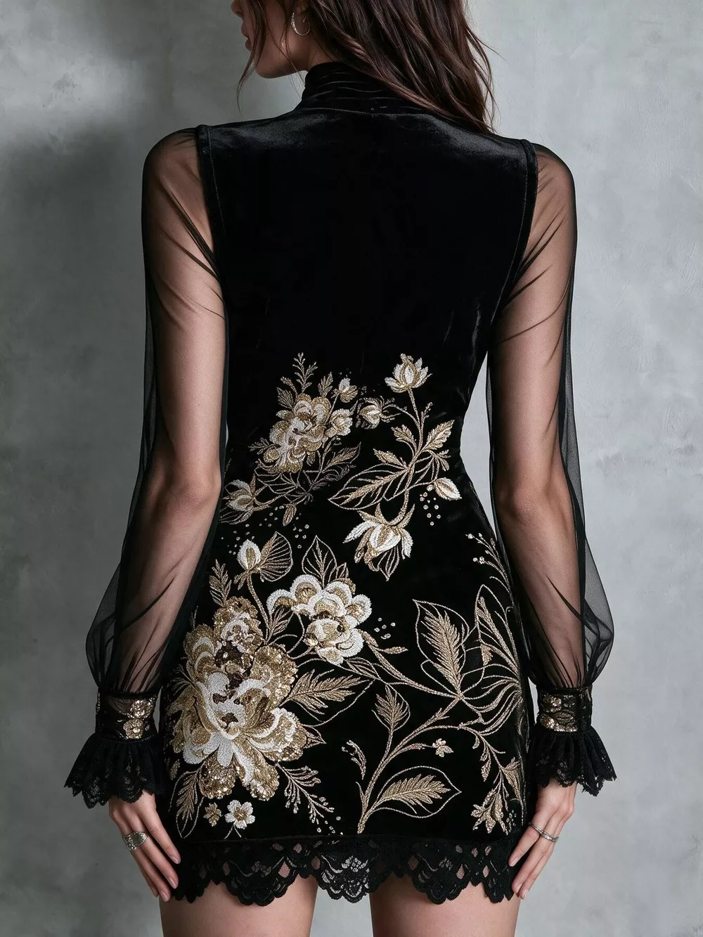 Floral Velvet Mini Dress with Sheer Mesh Sleeves, image 19