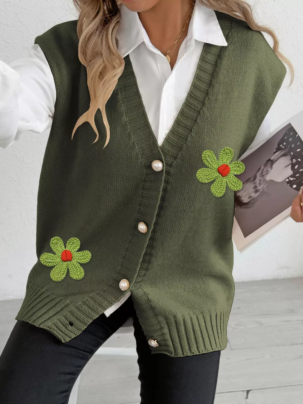 Flower V-Neck Sleeveless Cardigan, image 8