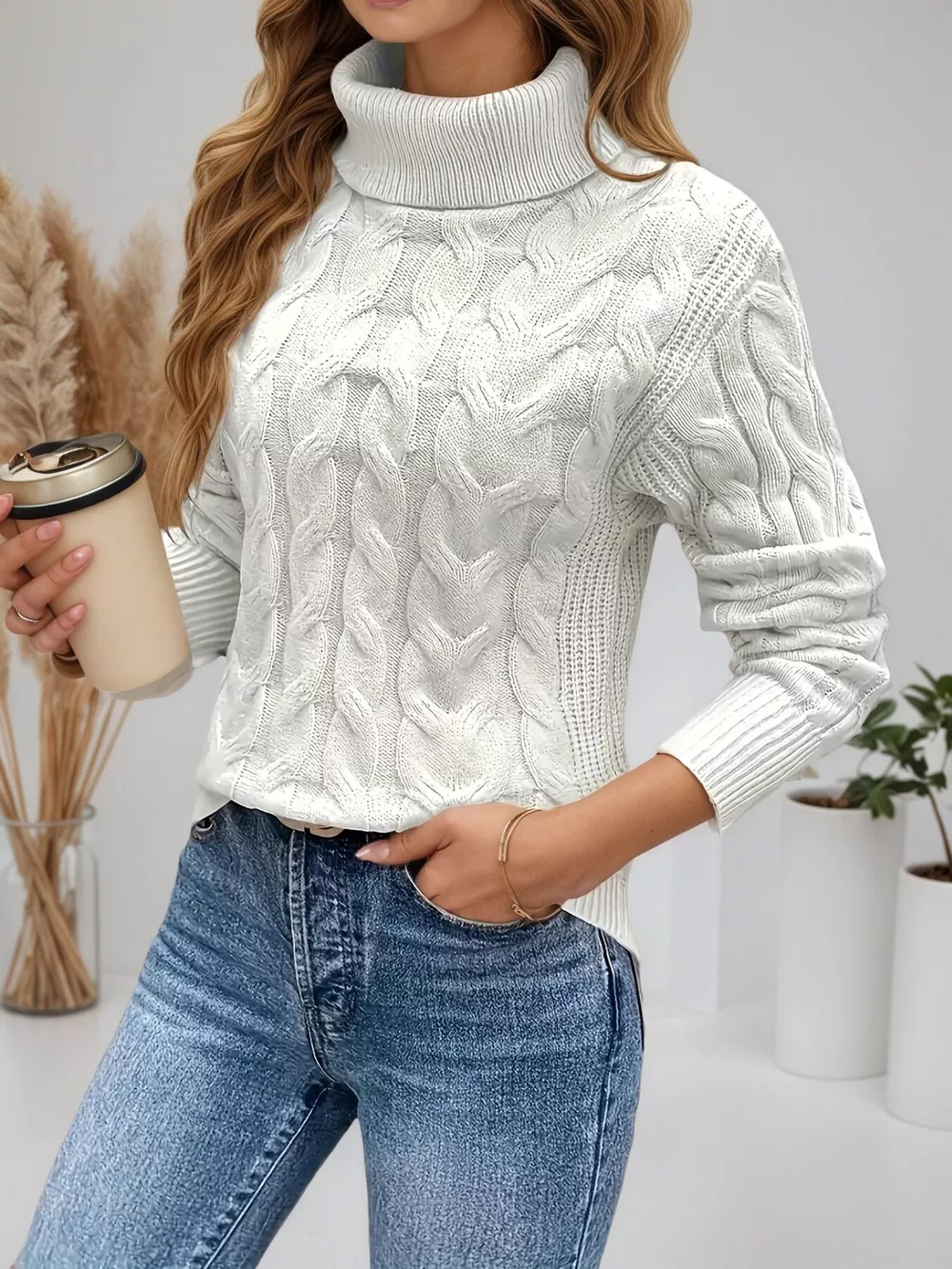 Cable Knit Turtleneck Long Sleeve Sweater, image 7
