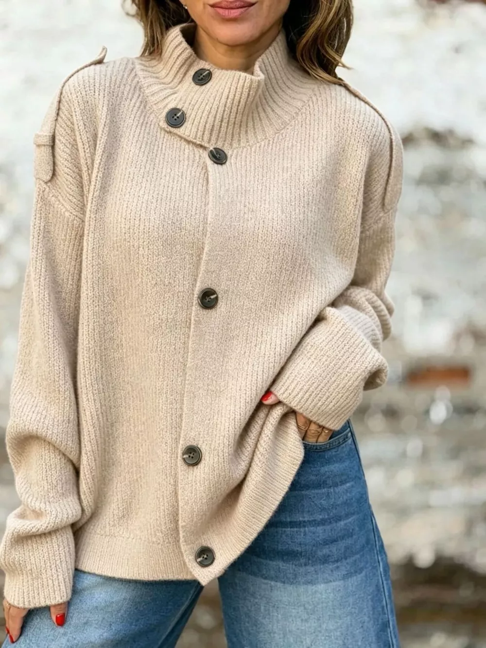 Full Size Button-Up Mock Neck Cardigan Plus Size