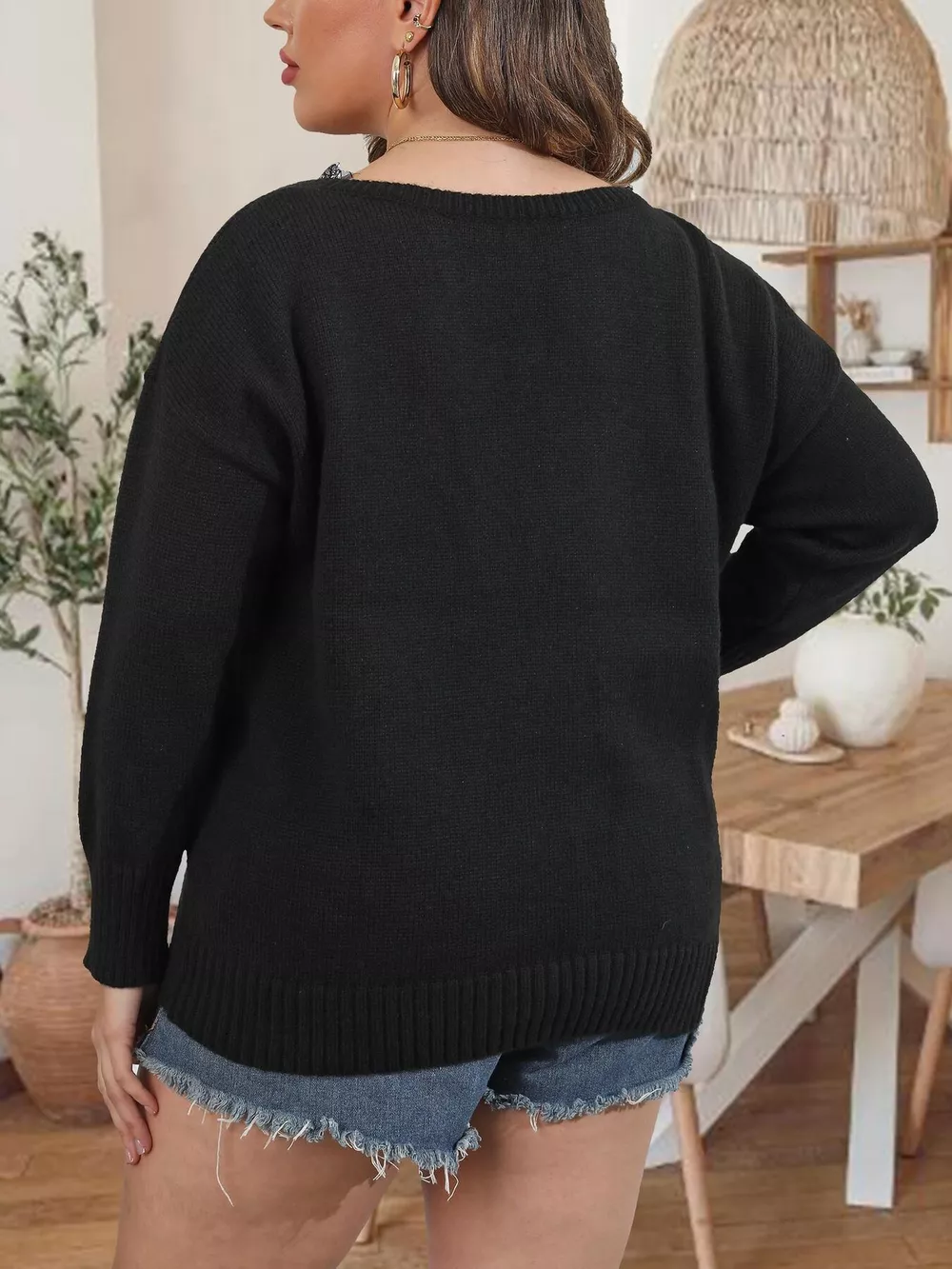 Plus Size Lace Trim V-Neck Sweater, image 6