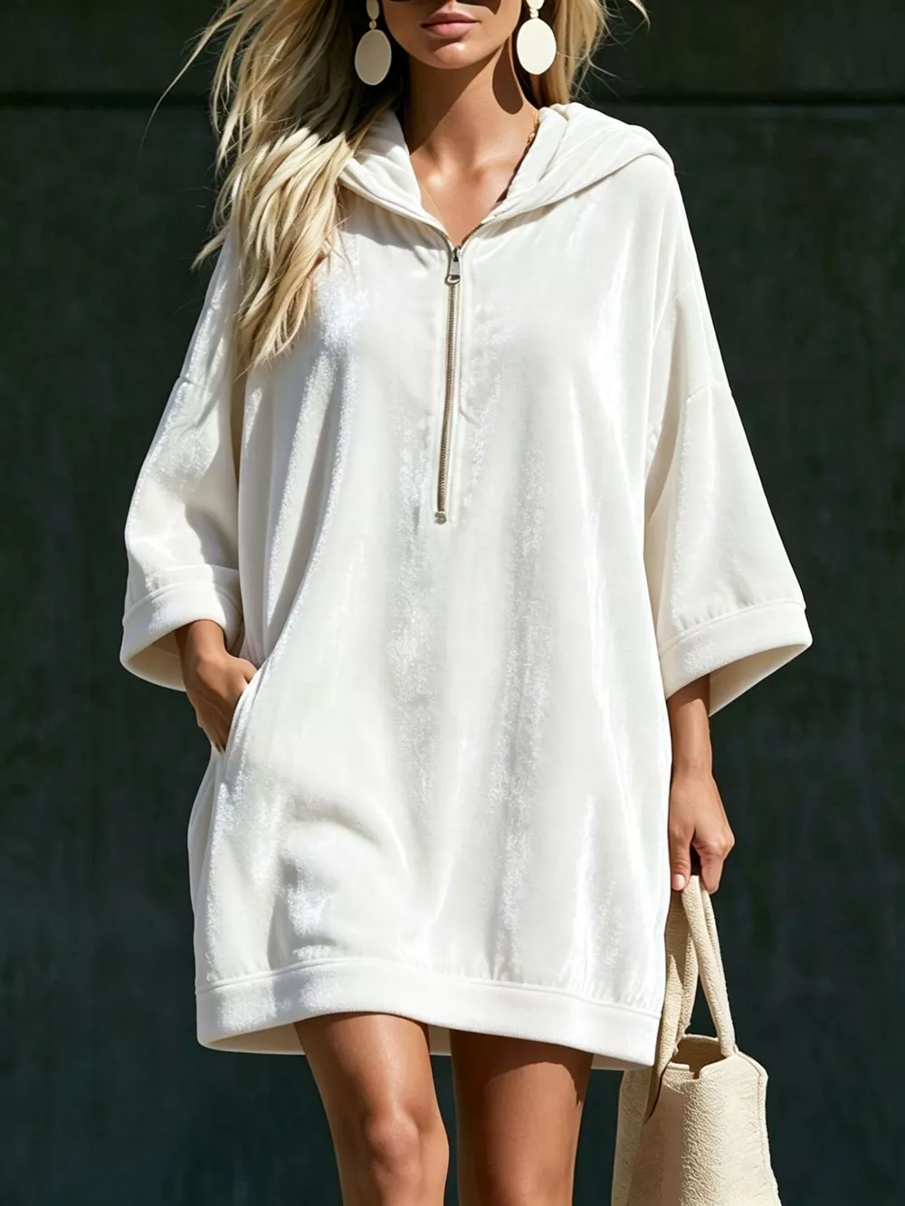 Full Size Half-Zip 3/4 Sleeve Hoodie Dress Plus Size, image 2