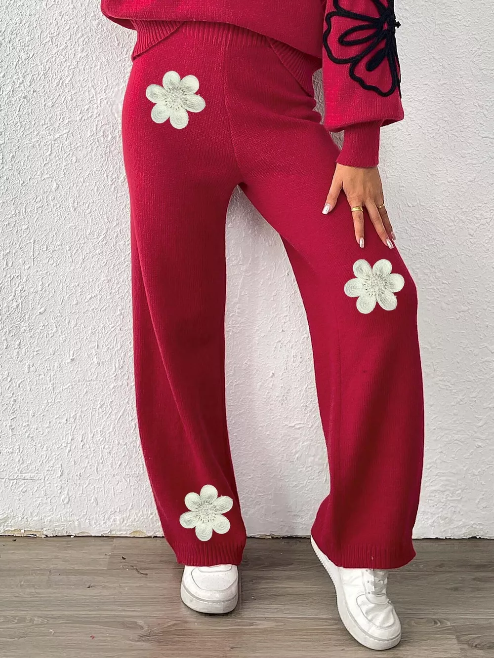High-Waisted Wide-Leg Sweater Pants with Floral Beaded Decor, image 10