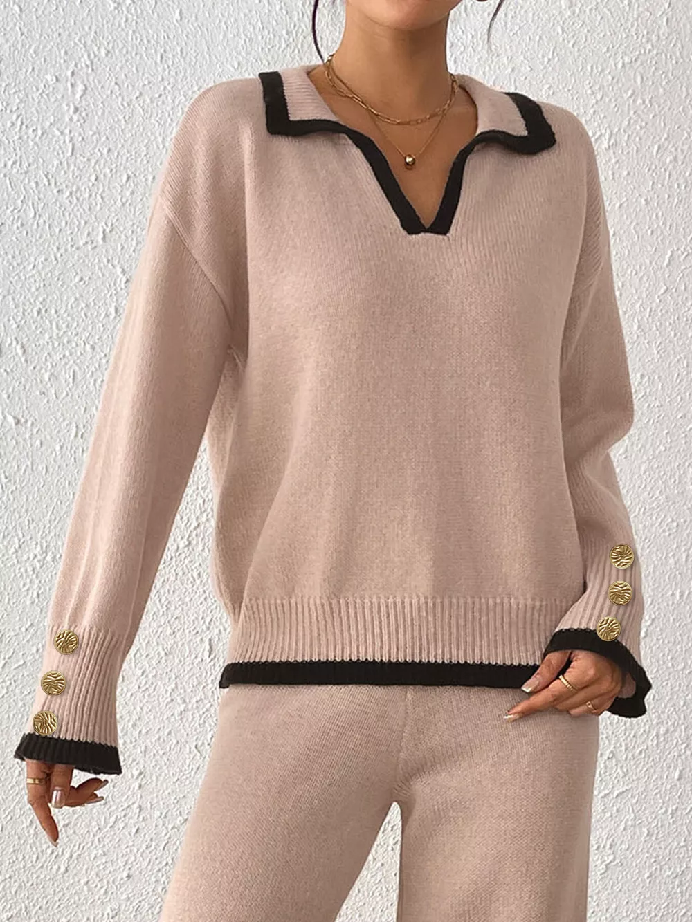 Contrast Trim Polo Collar Sweater