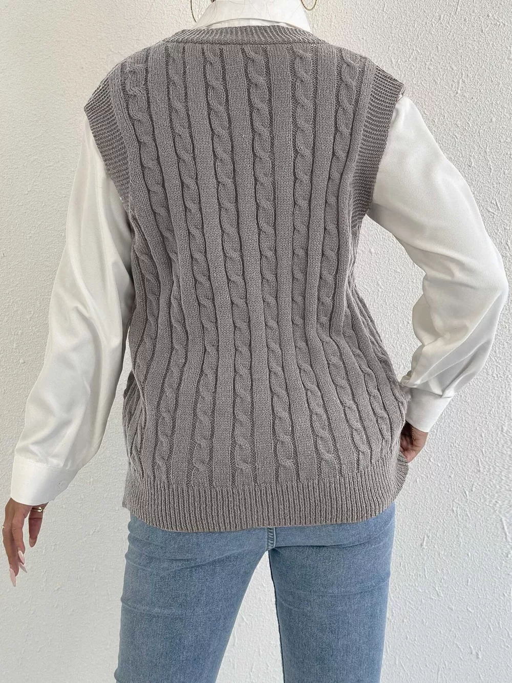 V-Neck Cable Knit Button-Down Sweater Vest with Heart Embroidery, image 16