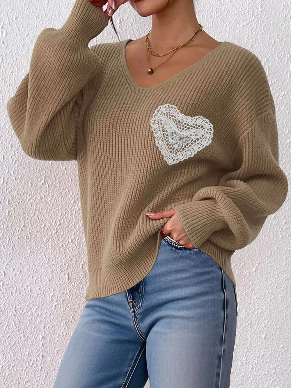 Lace Heart Dropped Shoulder Sweater, image 12