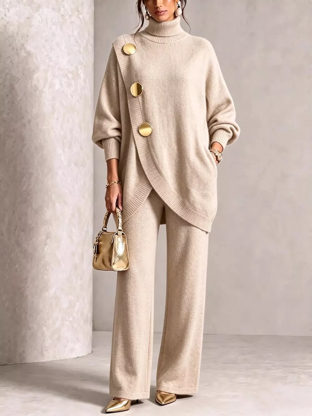 Gold Button Accent Turtleneck Sweater and Pants Set, image 7