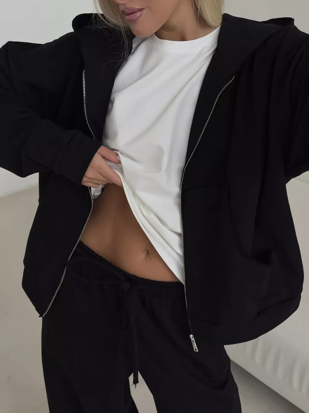 Casual Zip-Up Hoodie and Wide-Leg Sweatpants Set, image 8