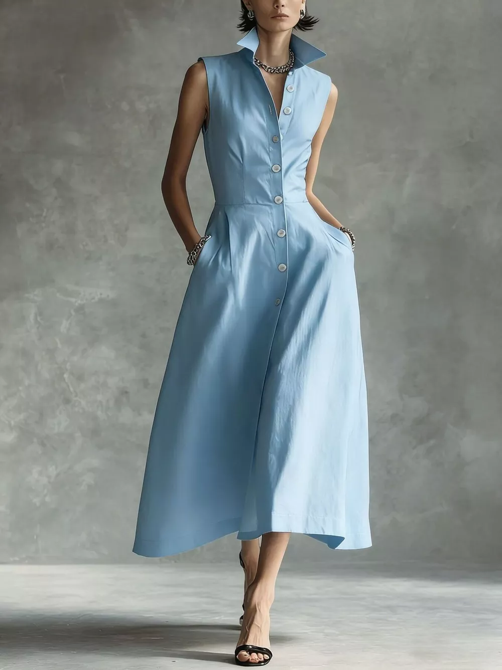 Sleeveless Button-Down Midi Shirt Dress, image 11