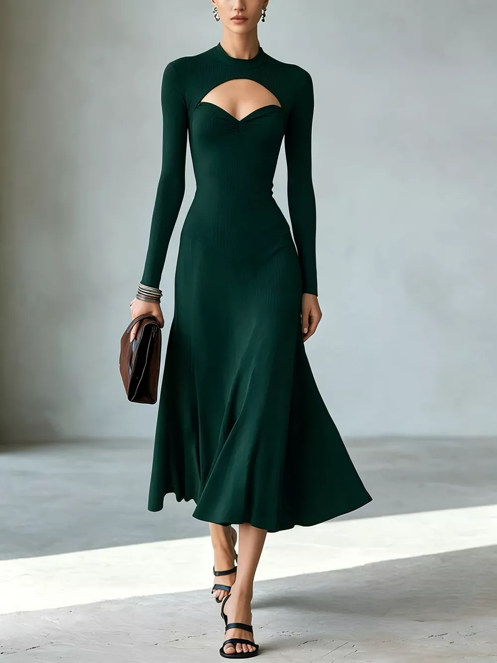 Full Size Mock Neck Cut-Out Long Sleeve Midi Dress Plus Size, image 10