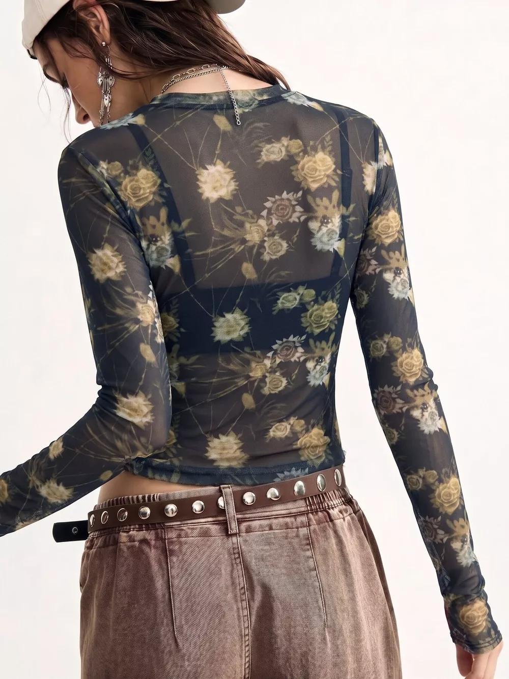 Floral Print Sheer Mesh Long Sleeve T-Shirt, image 3