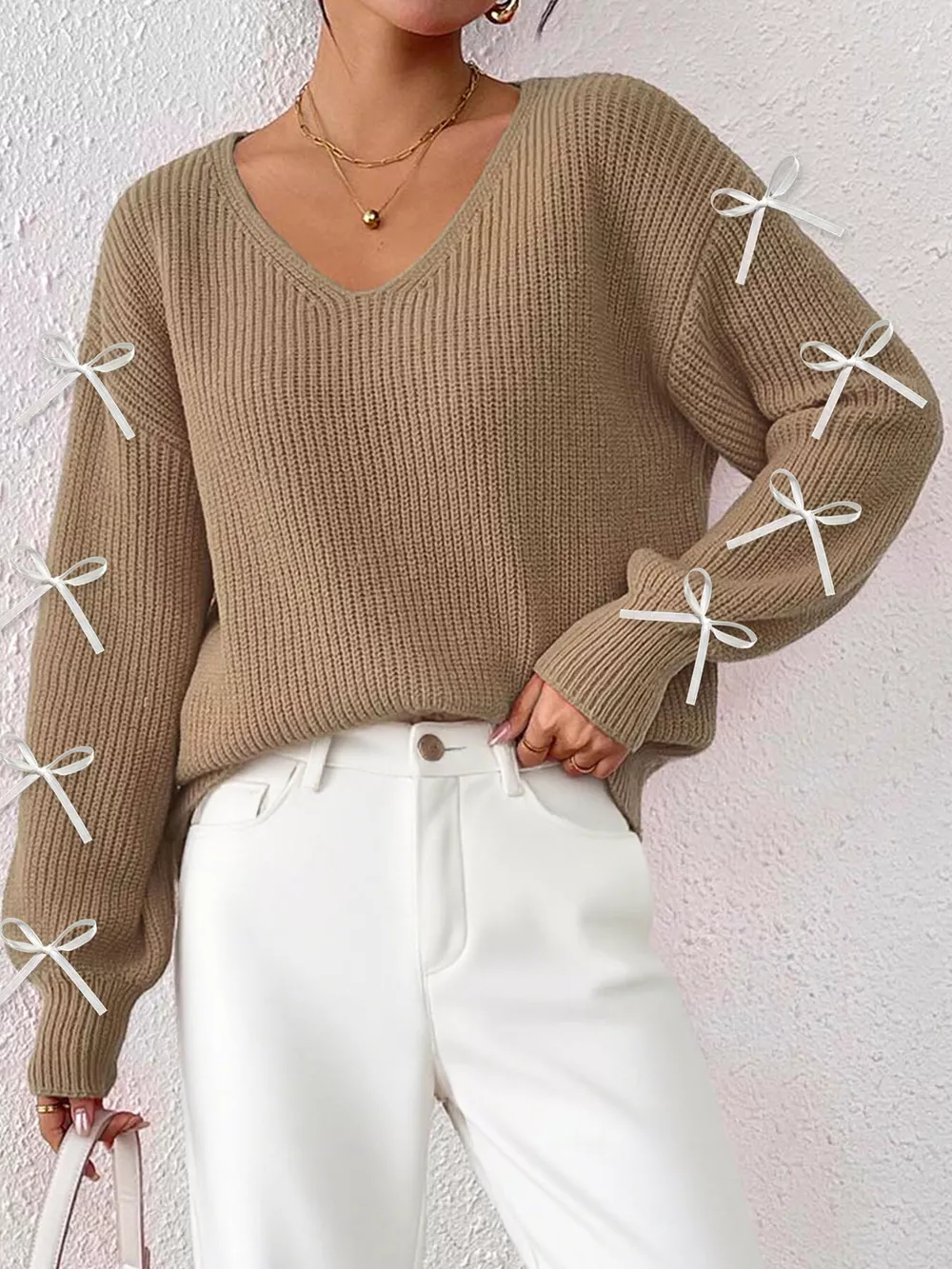 Bow-Tie Sleeve V-Neck Sweater, image 3