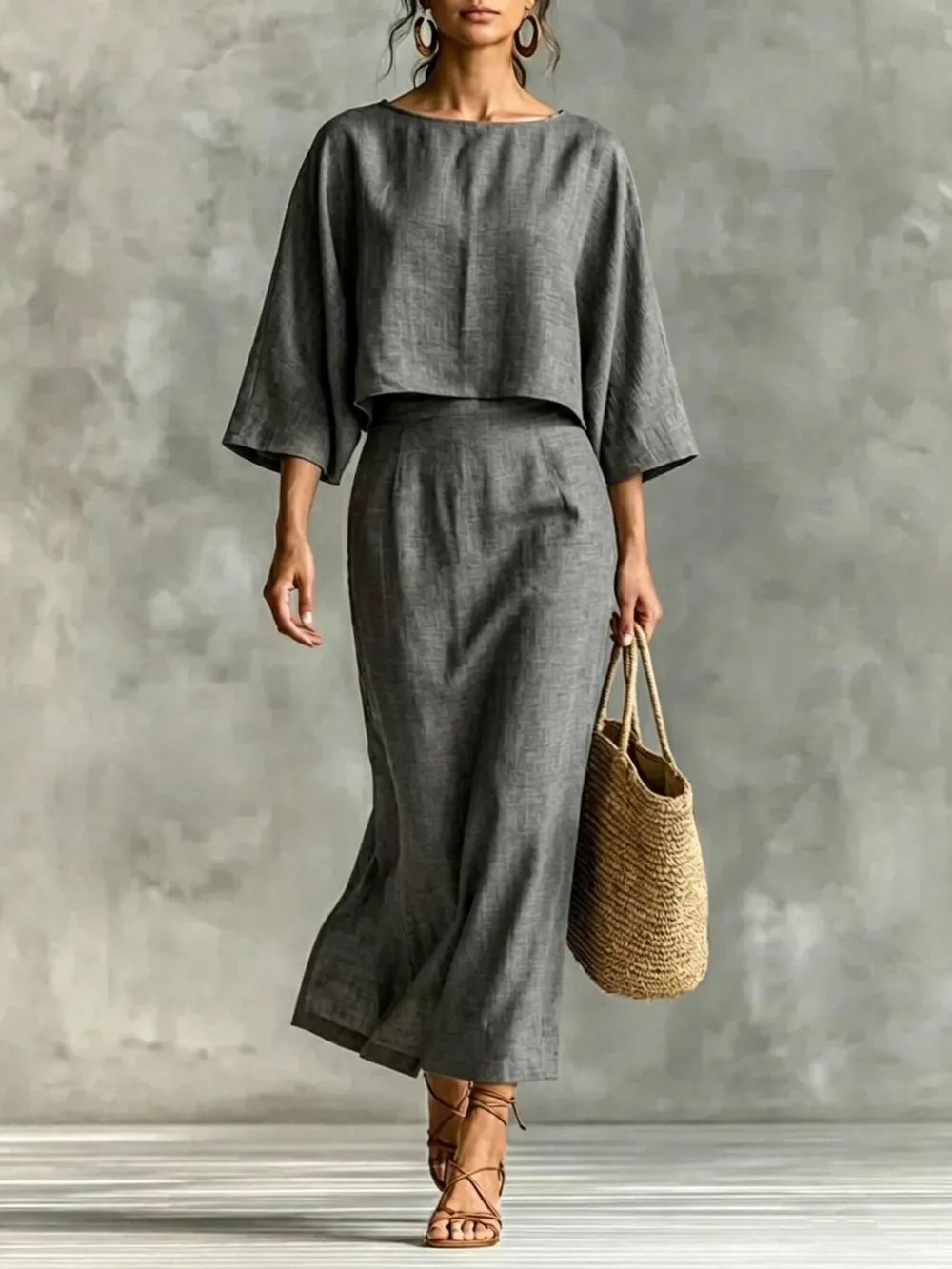Full Size Solid Color Cropped Top and Midi Skirt Set Plus Size, image 16