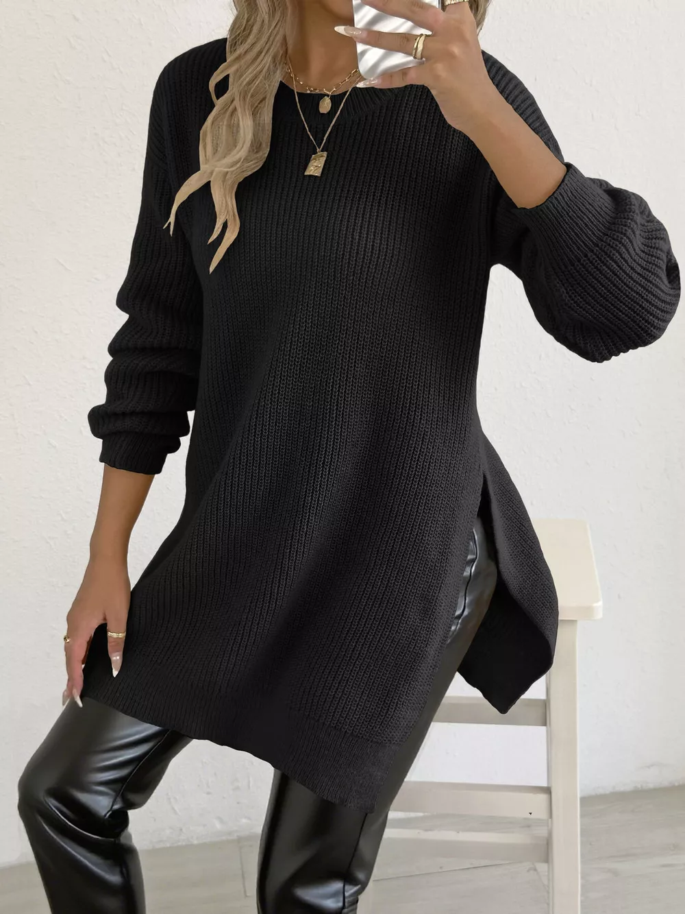 Side-Slit Dropped Shoulder Sweater, image 8
