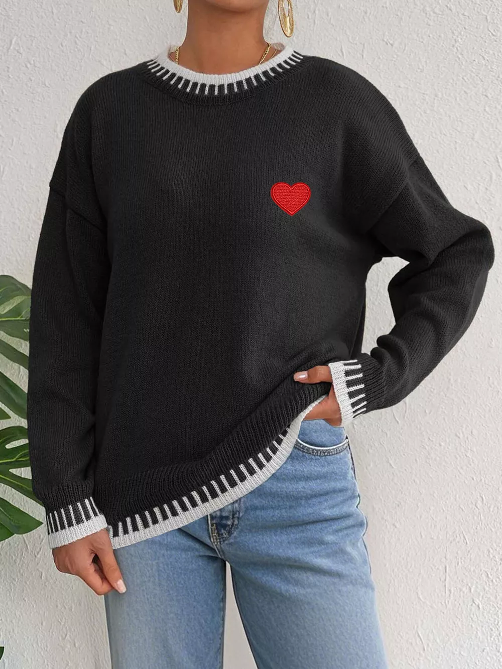 Heart-Embroidered Contrast Trim Sweater, image 7