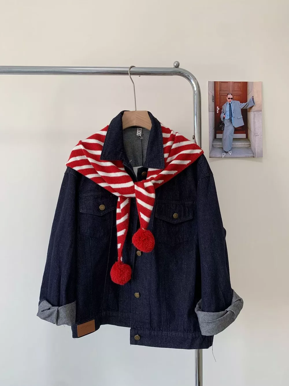 Striped Knitted Scarf with Pom-poms, image 2
