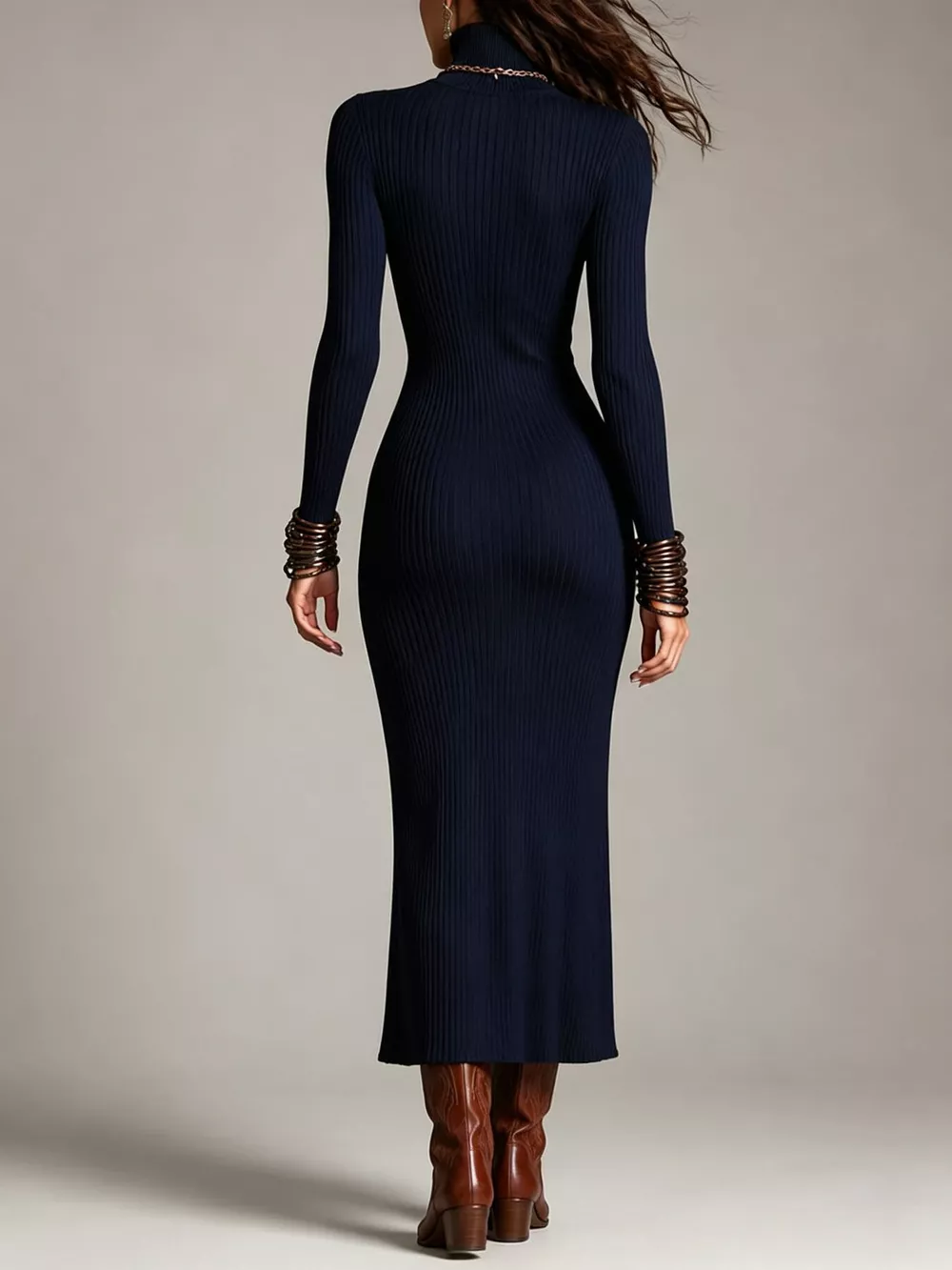 Ribbed Turtleneck Sweater Dress with Cutout and Zipper Slit, image 2