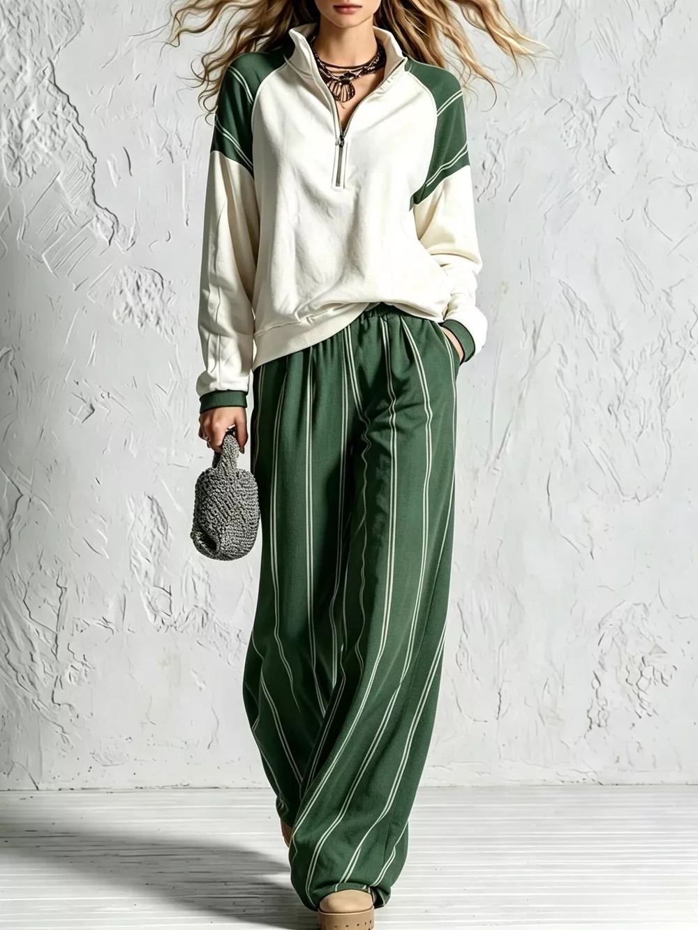 Quarter-Zip Sweatshirt and Striped Wide-Leg Pants Set