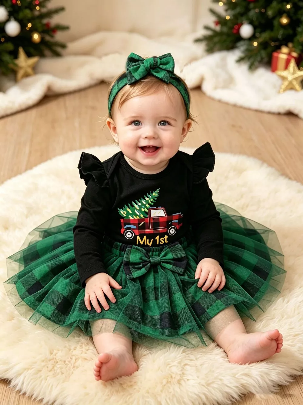 Children's Christmas Themed Top and Plaid Tutu Skirt Set with Headband