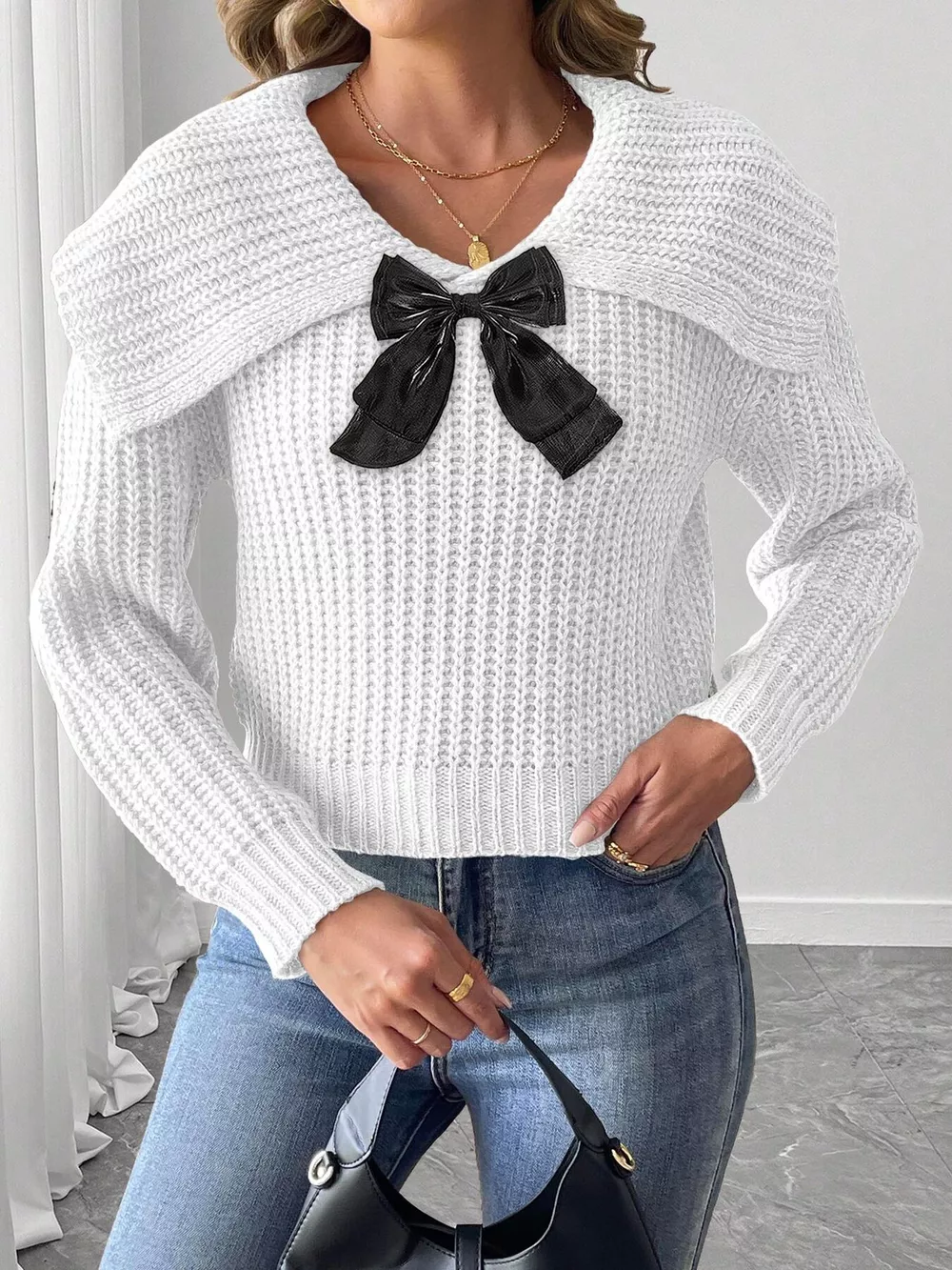 Contrast Bow Long Sleeve Sweater, image 3