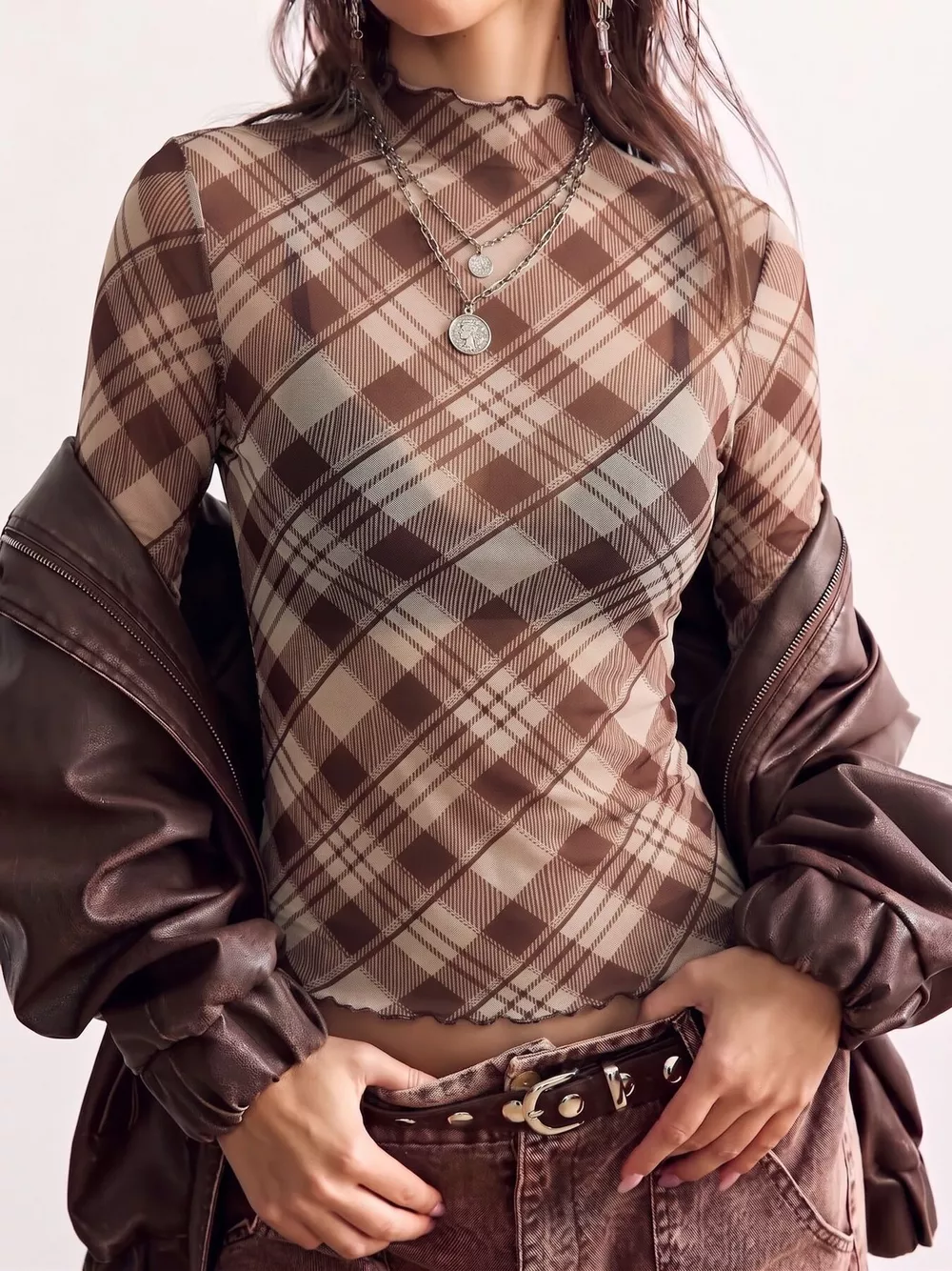 Sheer Mesh Plaid Mock Neck Long Sleeve T-Shirt, image 2