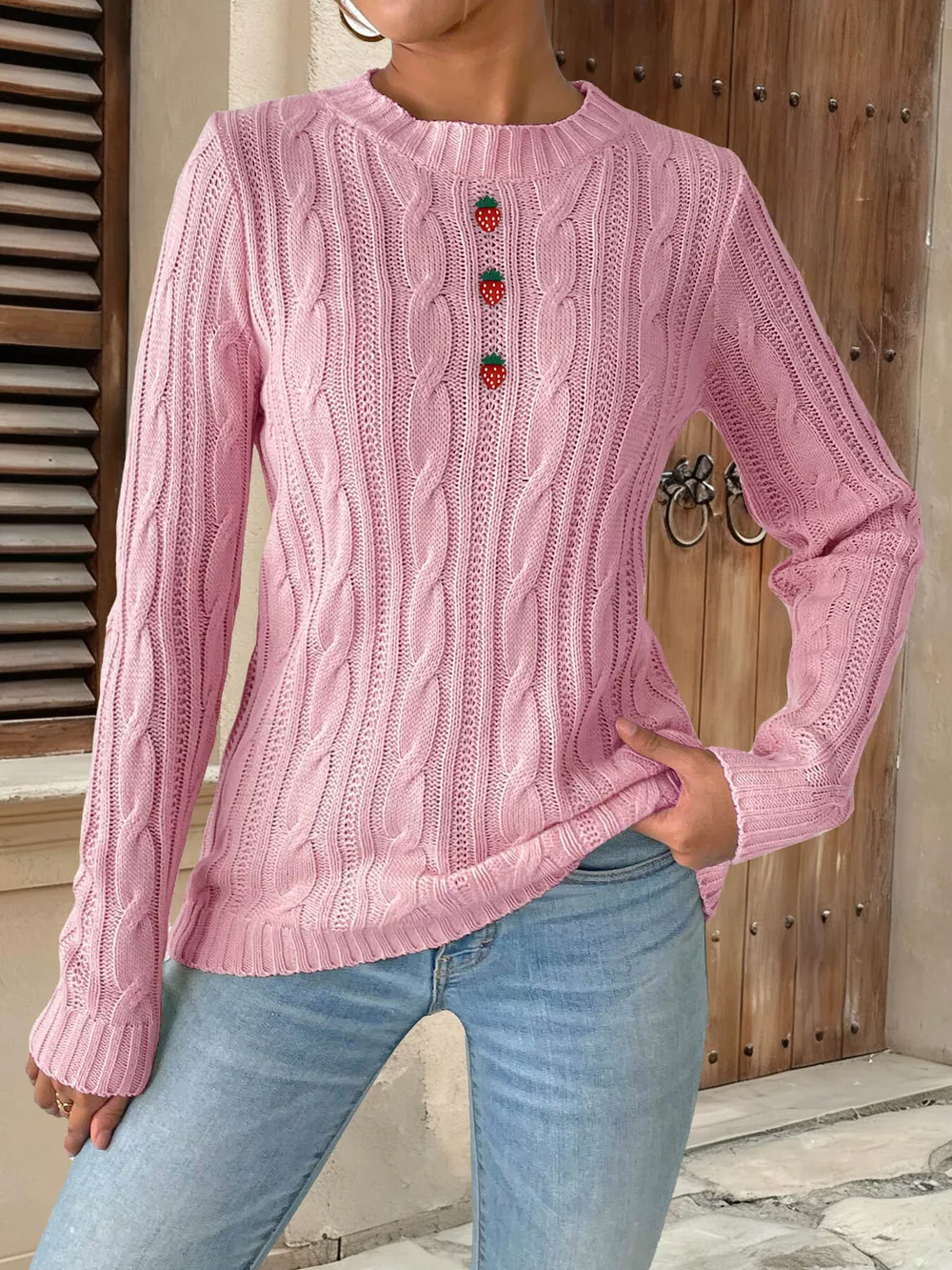 Strawberry Embellished Cable Knit Round Neck Sweater, image 14