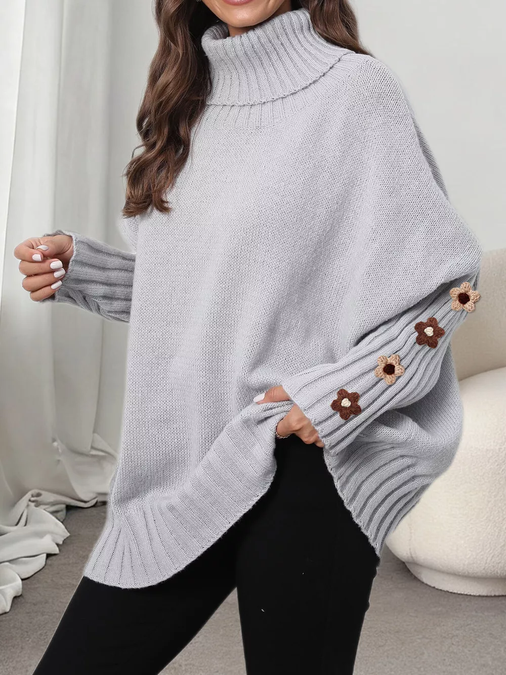 Oversized Turtleneck Sweater with Floral Applique Sleeves, image 10