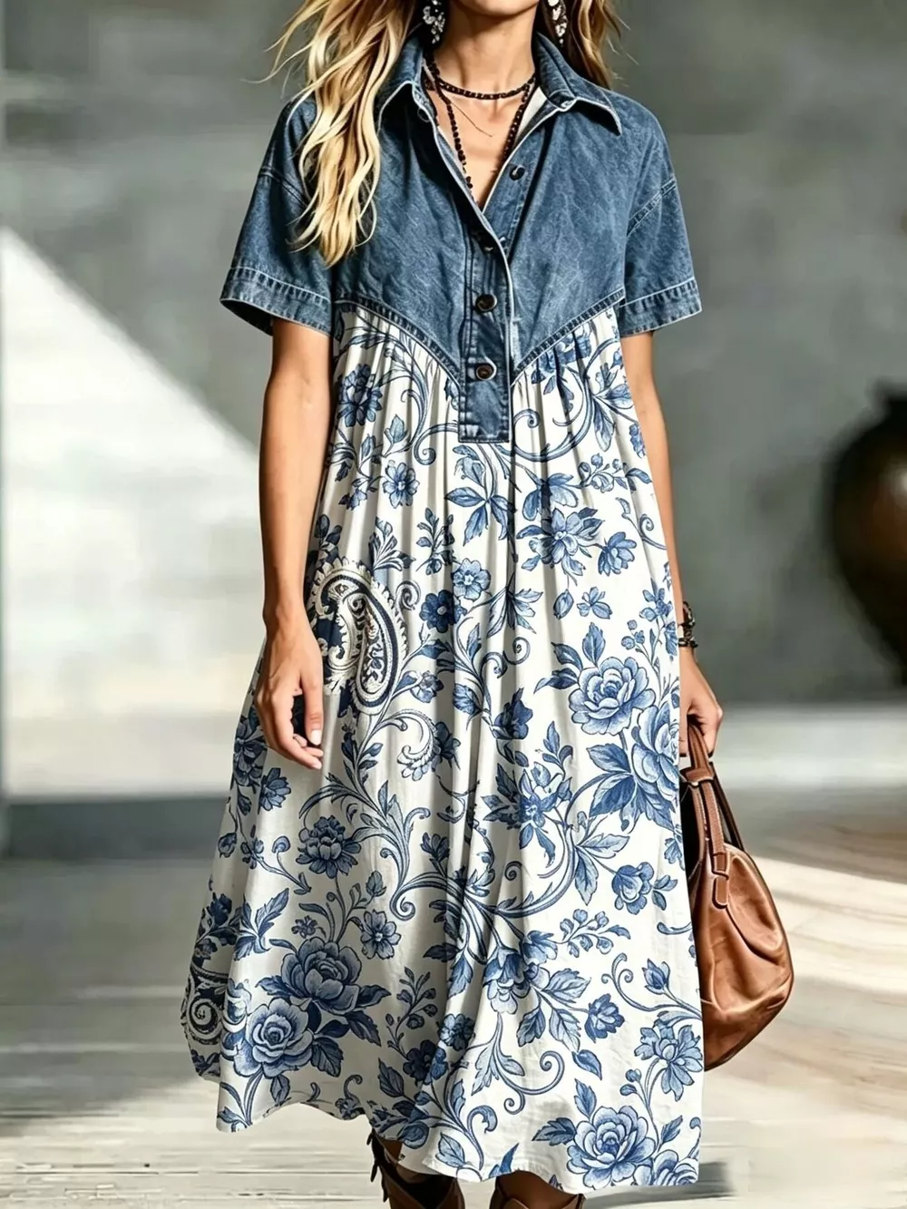 Full Size Denim Patchwork Printed Shirt Dress Plus Size, image 16