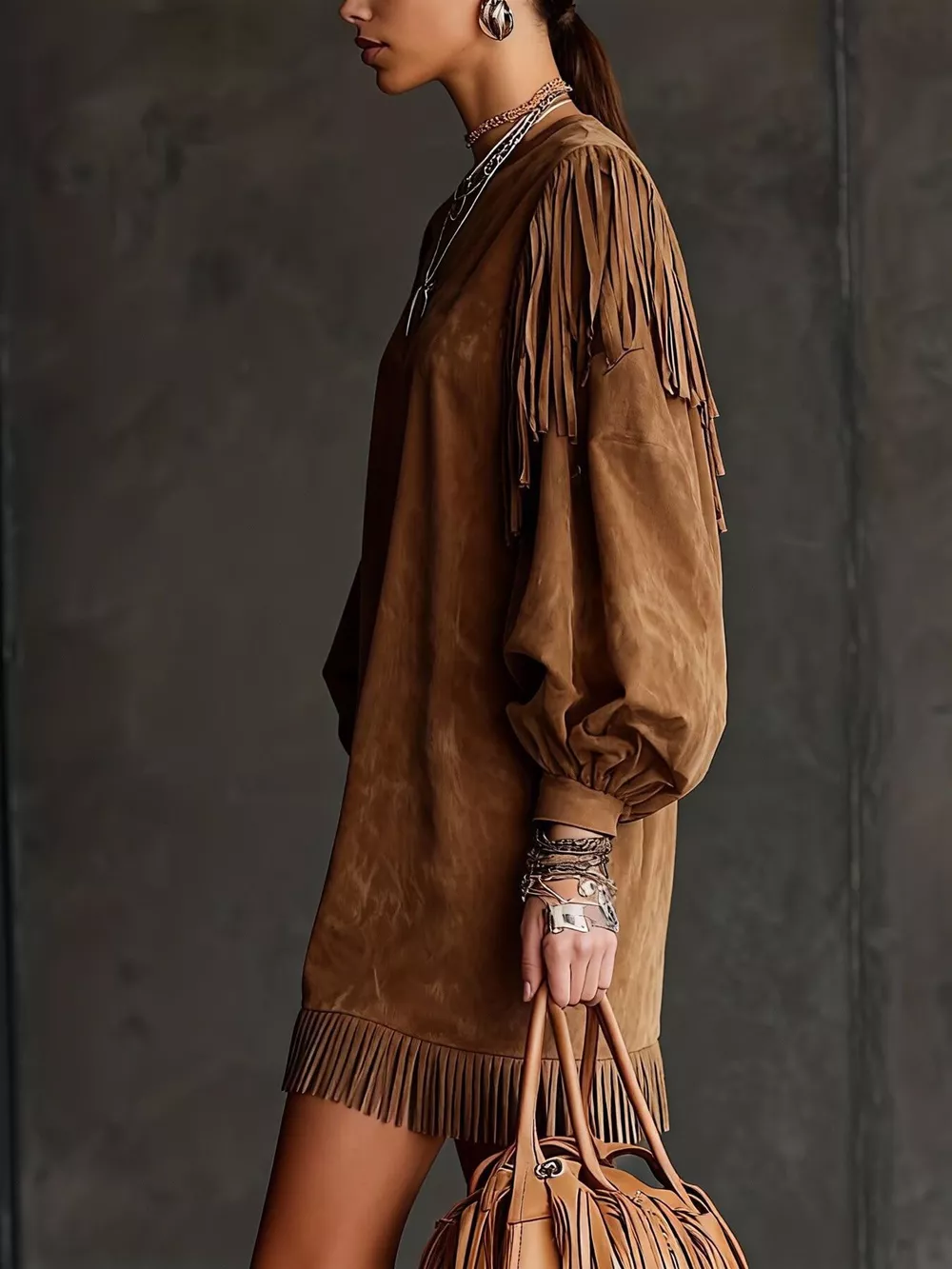 Fringe Detail Lantern Sleeve Mini Dress, image 14
