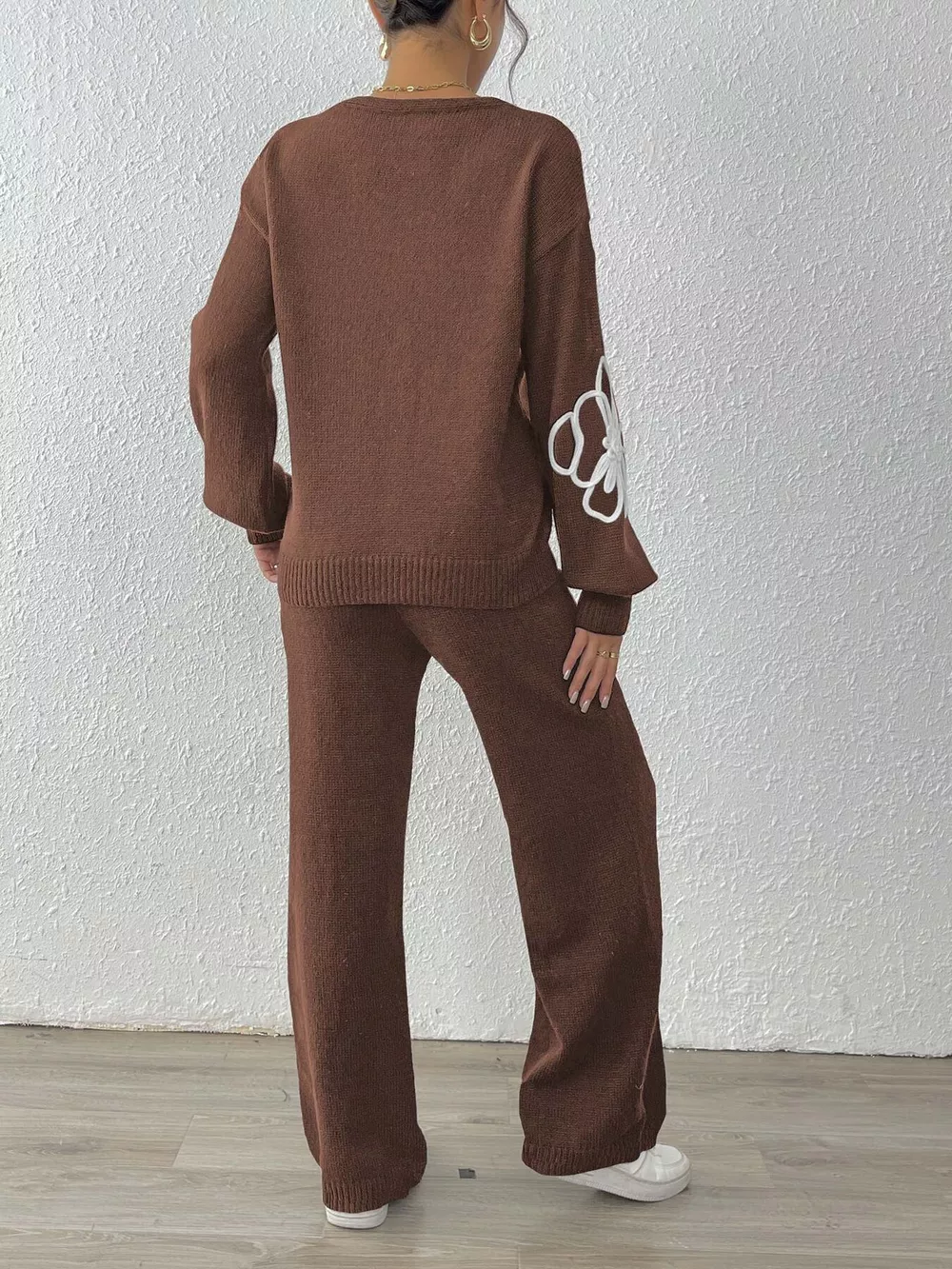 V-Neck Dropped Shoulder Top and Pants Sweater Set, image 13
