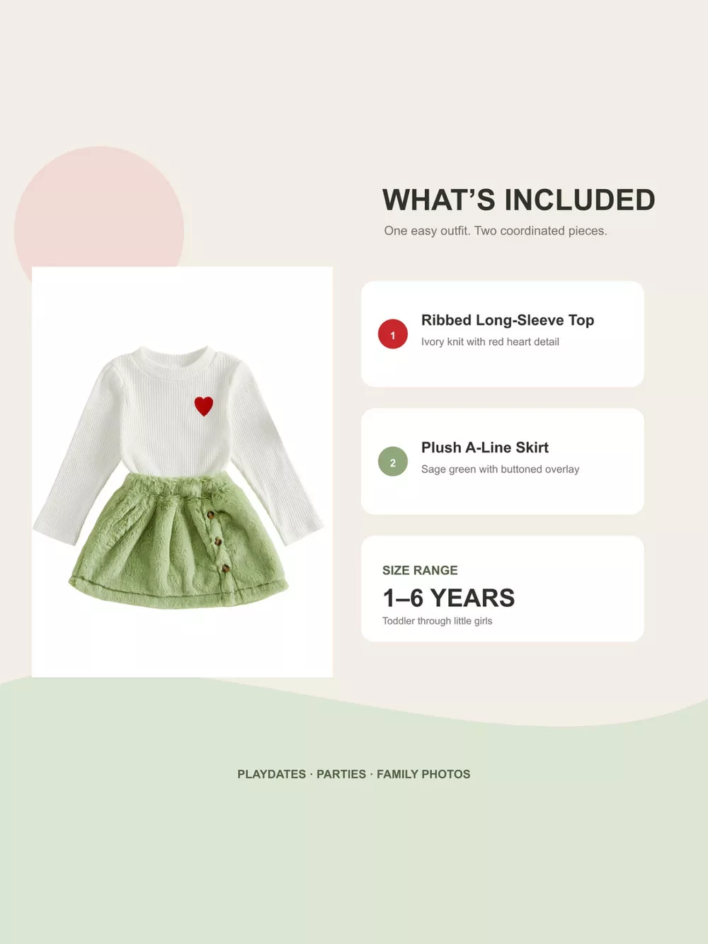 Children's Heart-Embroidered Ribbed Top and Fuzzy Skirt Set, image 2