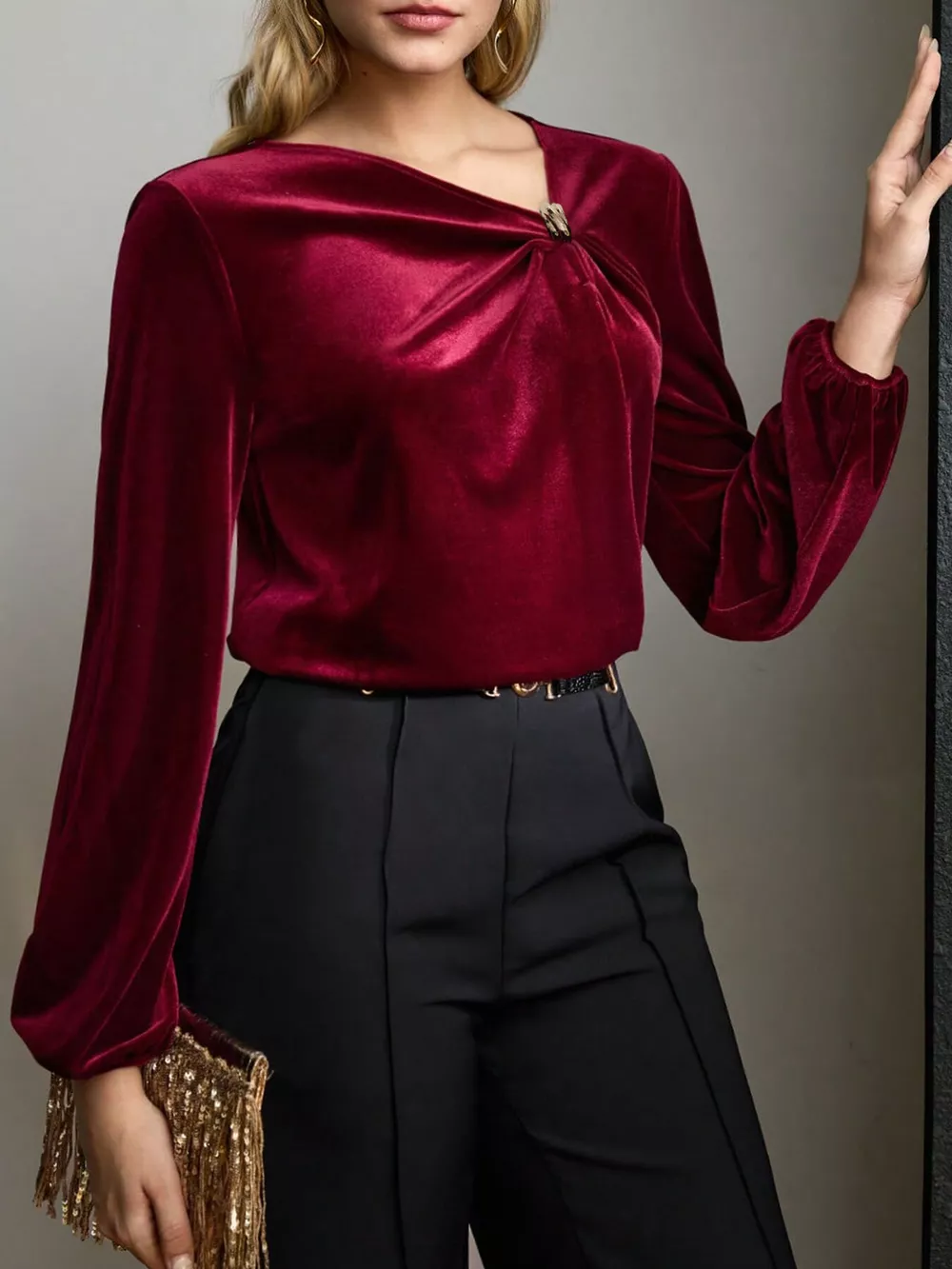 Velvet Twist-Front Long Sleeve Blouse, image 3