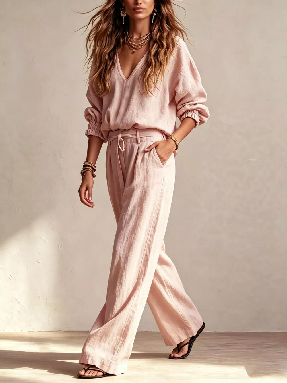 V-Neck Top and Wide-Leg Pants Set, image 2