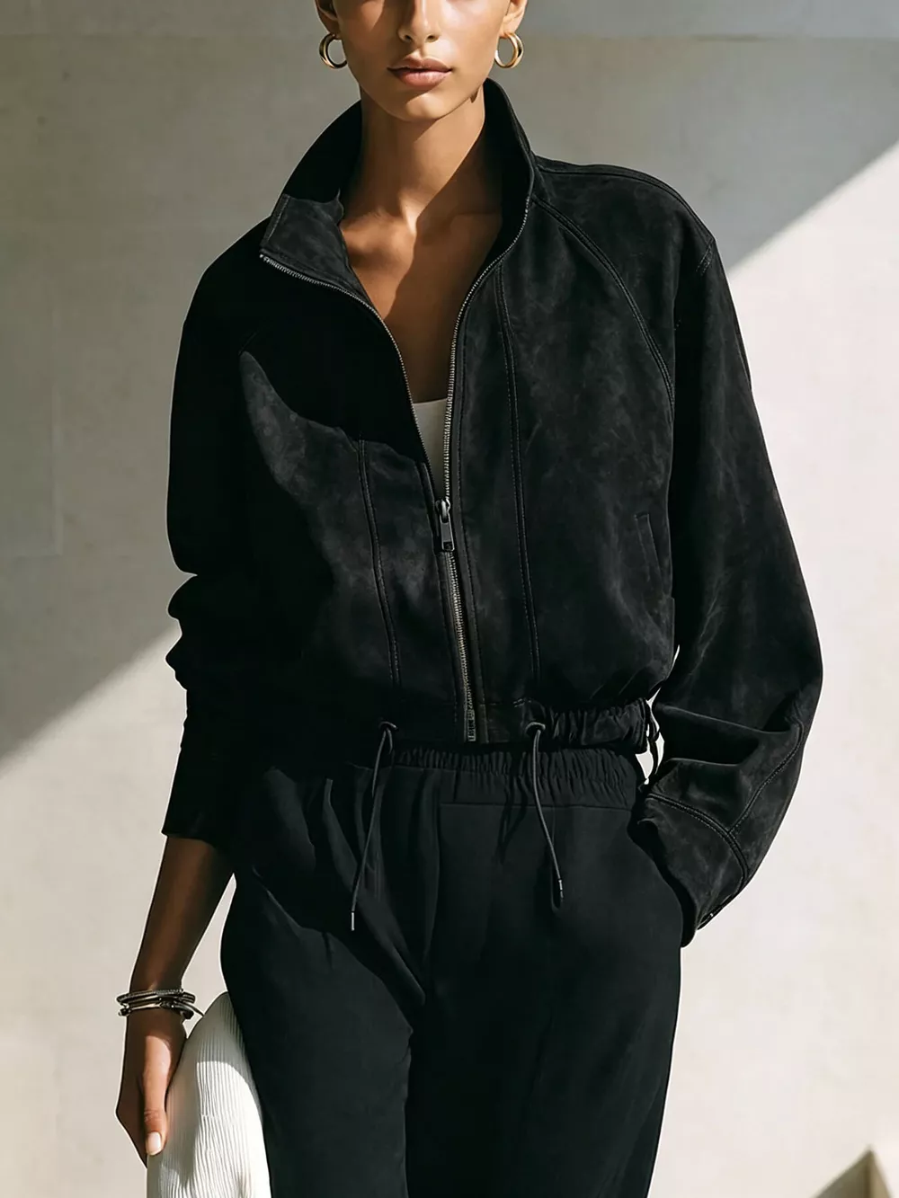 Suede Zip-Up Stand Collar Cropped Jacket, image 10