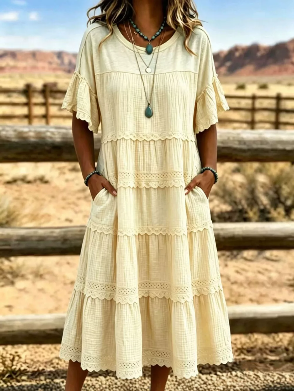 Full Size Tiered Ruffle Sleeve Midi Dress with Pockets Plus Size, image 13