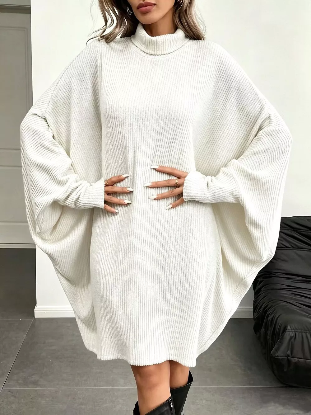 Oversized Batwing Sleeve Ribbed Knit Turtleneck Dress, image 15