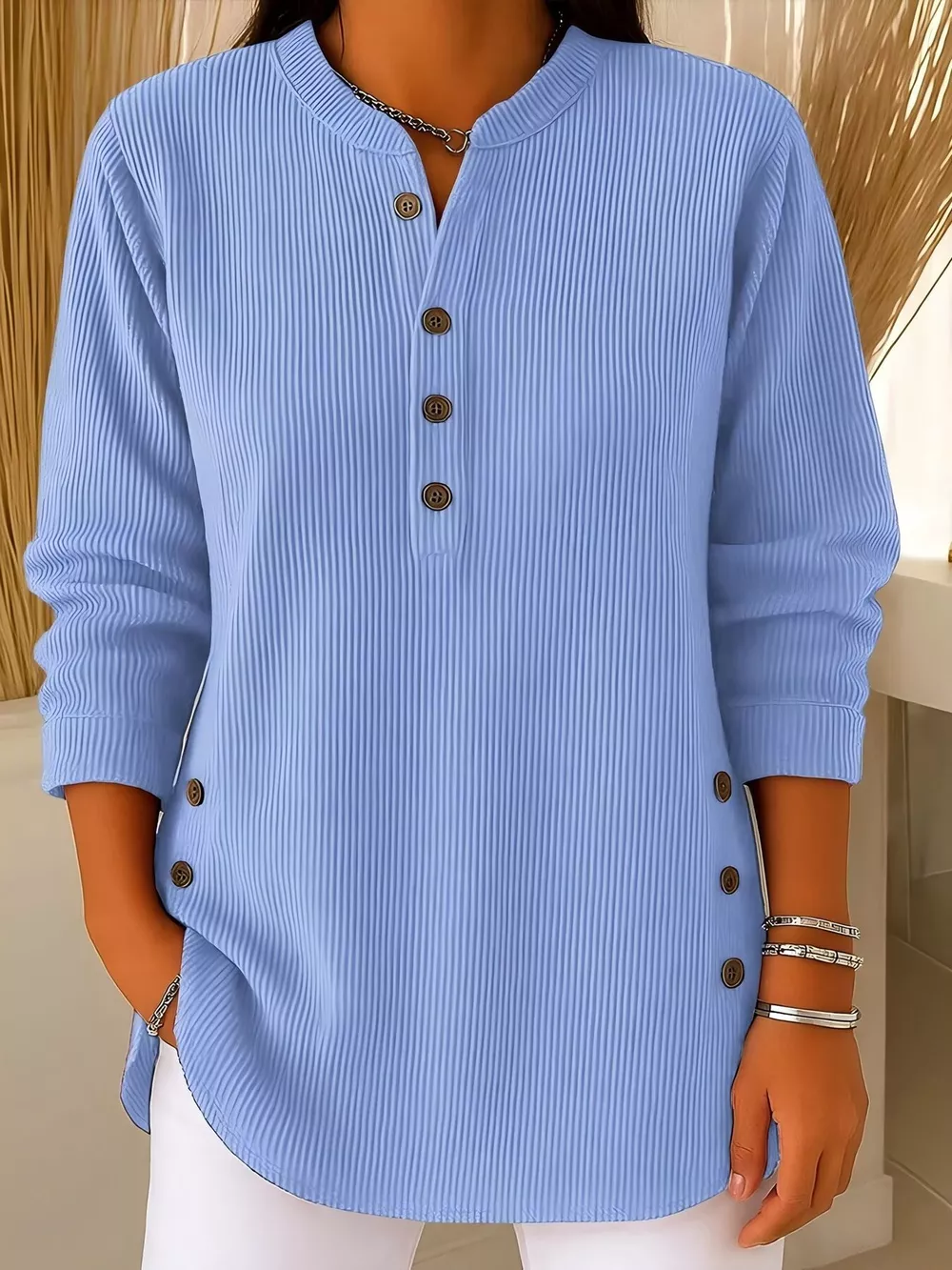 Full Size Ribbed Half Button Henley Top Plus Size, image 10