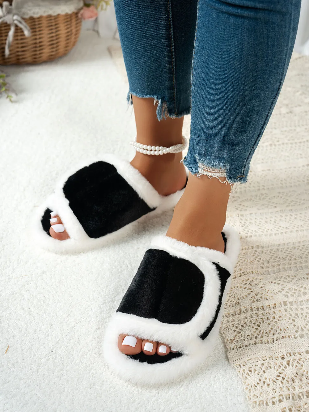 Fuzzy Open Toe Flats Slippers, image 6