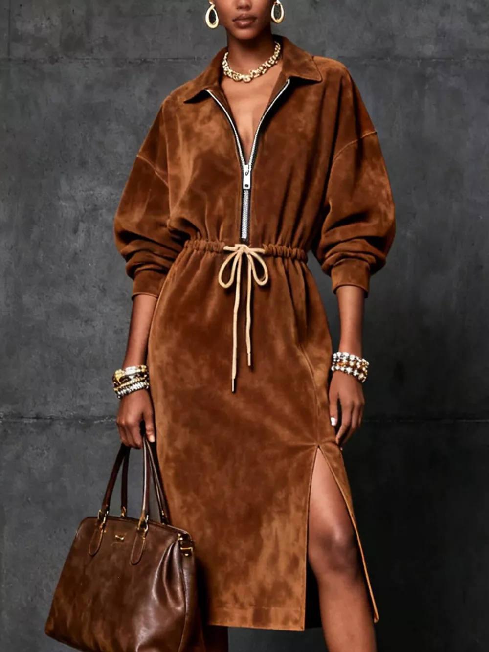Slit Zip-Front Drawstring Midi Dress
