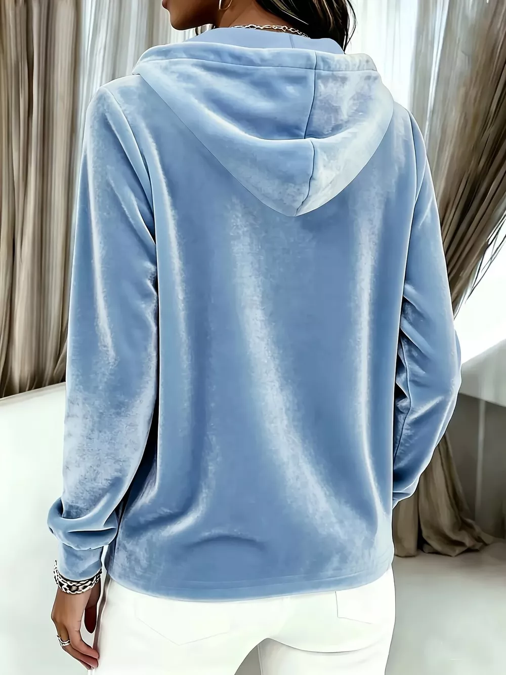 Full Size Drawstring Button Detail Hoodie Plus Size, image 3