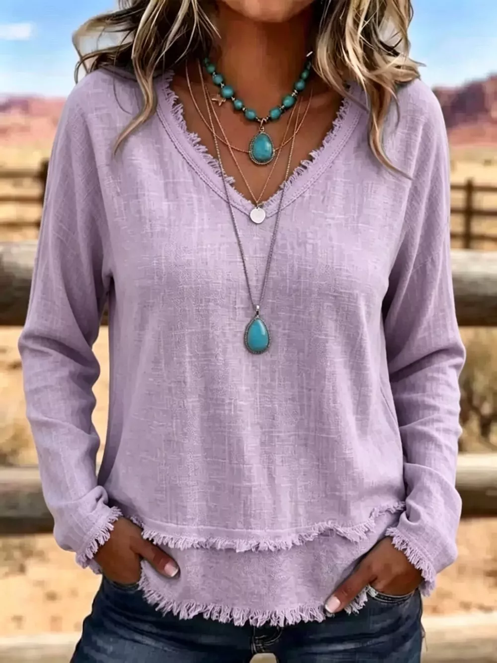 V-Neck Long Sleeve Blouse with Frayed Hem Detail, image 10