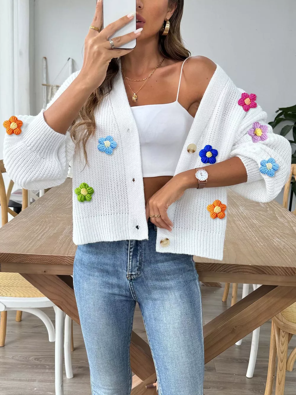 3D Floral Appliques Button Up Cardigan, image 6