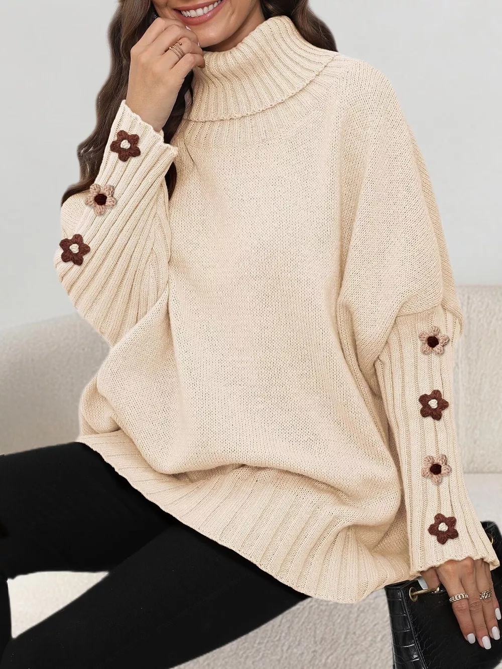 Oversized Turtleneck Sweater with Floral Applique Sleeves, image 3