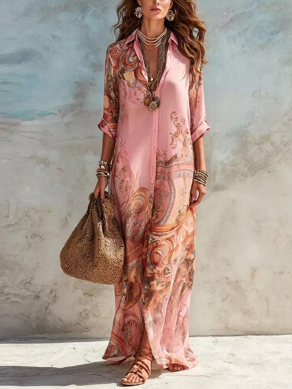 Full Size Printed Button-Down Maxi Shirt Dress Plus Size, image 6