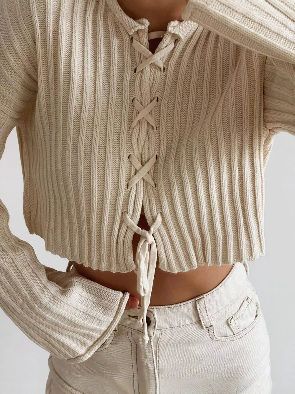 Ribbed Lace-Up Crop Sweater, image 2